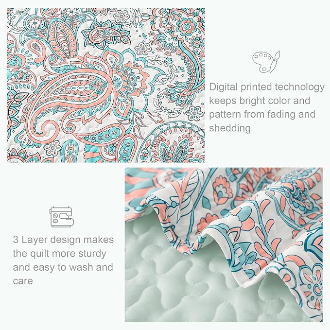 Exclusivo Mezcla Reversible Boho Quilts King Size, Aqua Bedspreads Lightweight Coverlet All Season Paisley Quilt Bedding Set with Printed Floral Pattern (1 Quilt, 2 Pillow Shams)