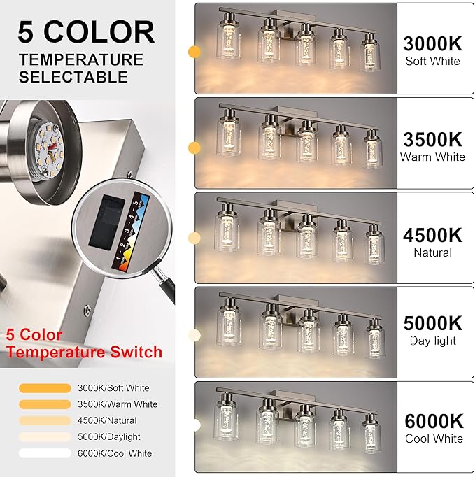 MELUCEE 6-Light LED Bathroom Vanity Light, Modern Brushed Nickel Bathroom Light Bar with Crystal Bubble Clear Glass Shade, Dimmable Bathroom Wall Sconce Lamp 3000K-6000K, Built-in LED Chips