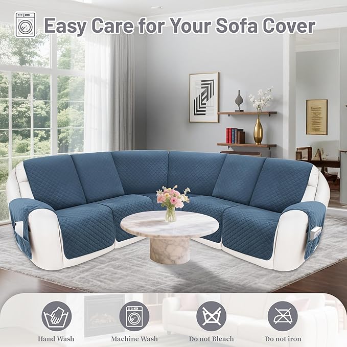 Recliner Sofa Covers 100% Waterproof Velvet L Shape Recliner Couch Covers for Sofa Pets Washable Anti Slip Recliner Slipcovers with Pockets (5 Seat Sofa, Dark Blue)