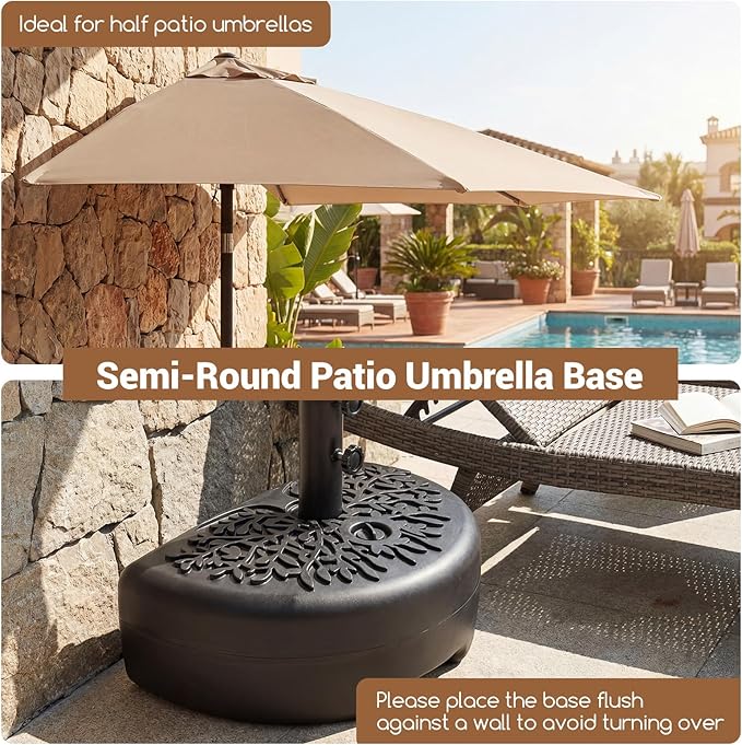 Tangkuls 55 LBS Half Round Umbrella Base, Water & Sand Fillable Heavy Duty Umbrella Weight for 1.57” & 1.91” Poles, Patio Umbrella Base for Deck Lawn Poolside, Textured (55, Pounds)