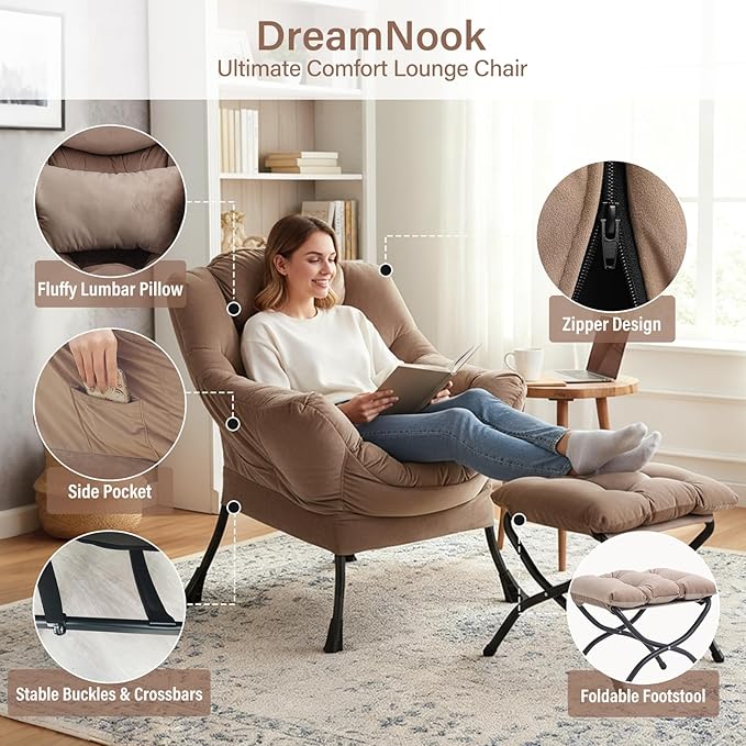Lazy Chair with Ottoman, Modern Accent Chair with Lumbar Pillow, Velvet Khaki Sofa, Lounge Chairs with Folding Footrest, Oversized Supportive Chairs for Bedroom, Reading
