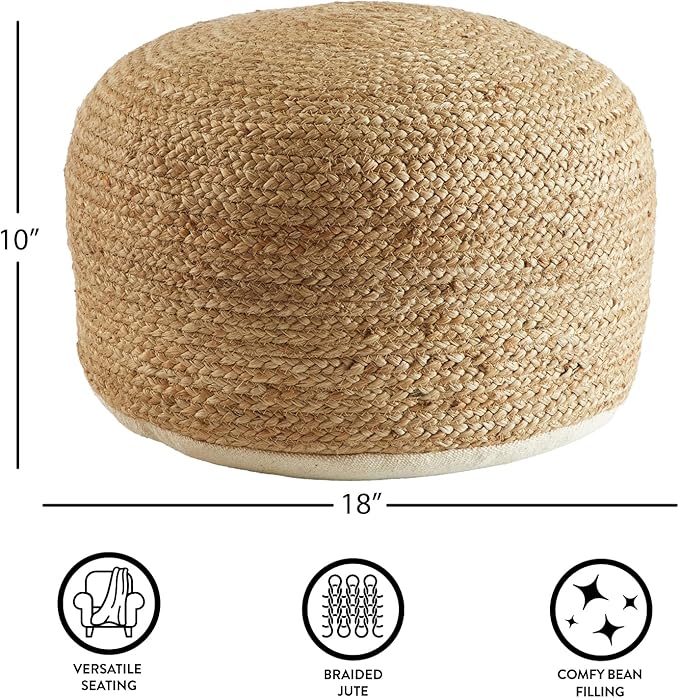 Urban Lifestyle Circular Natural Jute Braided Pouf Ottoman and Footrest, 18"x18"x10"H
