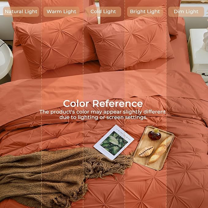 Sasttie Twin Comforter Set, 5-Piece Bed in a Bag, Pintuck Bedding Sets for All Season, Includes Comforter, Flat Sheet, Fitted Sheet, Pillowcase and Pillowsham, Burnt Orange