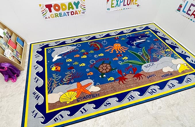 KIDCARPET.COM Fish in The Sea Rectangle Classroom Rug | Bordered Area Rug for Preschool Daycare Learning, 6' x 8'6"