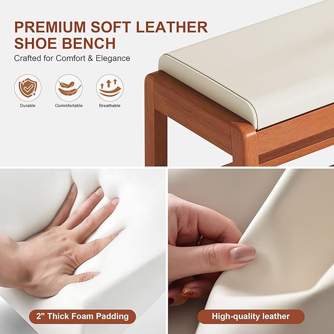 Shoe Bench Storage Rubberwood with Leather Cushion 31.5", Waterproof Easy to Clean 550LBS Organizer Shoe Rack for Entryway, Hallway, Mudroom, Front Door