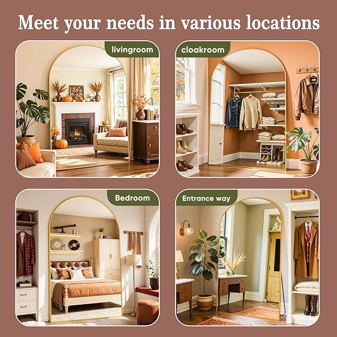 Full Length Mirror, 76"x44" Arched Full Body Mirror, Oversized Floor Mirrors, Leaning Free Standing Mirrors, Hanging Mounted Large Mirrors for Bedroom Dressing Room, Cloakroom, Gold