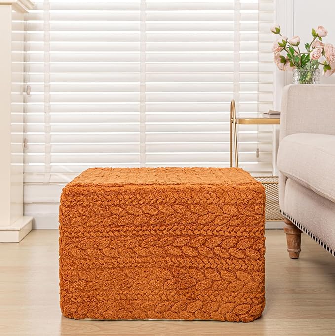 20x20x14 Inches Fluffy Square Pouf Ottoman - Plush Furry Ottoman Foot Rest Stool with High-Density Foam, Versatile Floor Seating for Living Room (Burnt Orange)