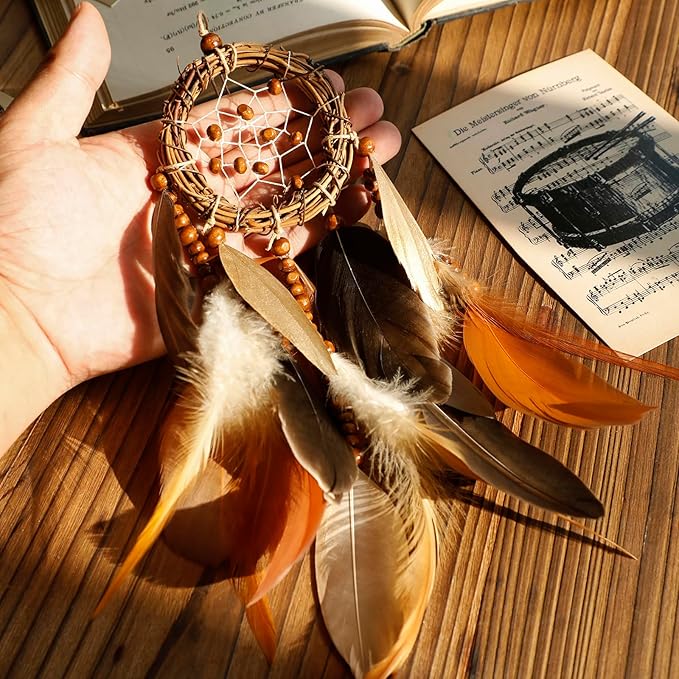 Mini Dream Catcher for Car Rear View Mirror Accessories - Handmade Small Brown Dreamcatchers Boho Car Charm Interior Decor, Native Ameican Indian Hanging Ornament Room Decor