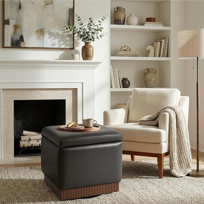 Swivel Storage Ottoman with Hidden Compartment, Square Faux Leather Footstool, Solid Acacia Wood Frame, 500 lbs Capacity, No Assembly Required, for Living Room & Bedroom