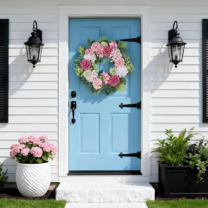 24-Inch Spring Wreath for Front Door with Hydrangeas Dahlias Daisy Silk Flowers and Berry Greenery for All Seasons Indoor Outdoor Wedding Farmhouse Porch Wall Living Room Home Wedding Decor