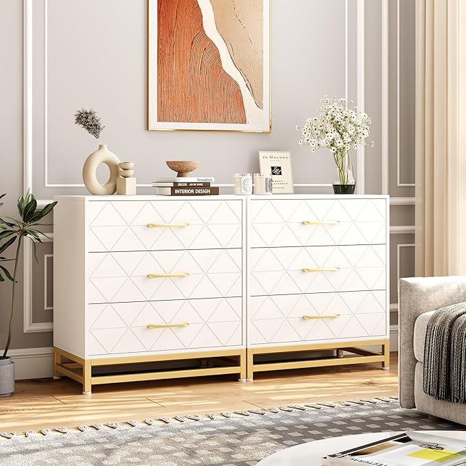 GarveeHome Wooden Dresser for Bedroom, Dressers & Chest of Drawers with 3 Drawer, Wood nightstand for Storage and Organization (White)