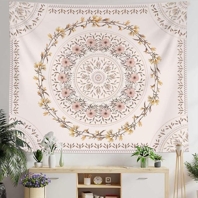 Lifeel Bohemian Tapestry Wall Hanging, Mandala Floral Medallion Hippie Tapestry with Aesthetic Wreath Design, Wall Decor Blanket for Bedroom Home Dorm 36×48 inch