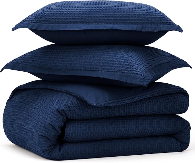 Bedsure Cotton Duvet Cover King - 100% Cotton Waffle Weave Navy Blue Duvet Cover King Size, GentleSoft™ and Breathable Bedding Set for All Season, 3 Pieces, 104"x90"