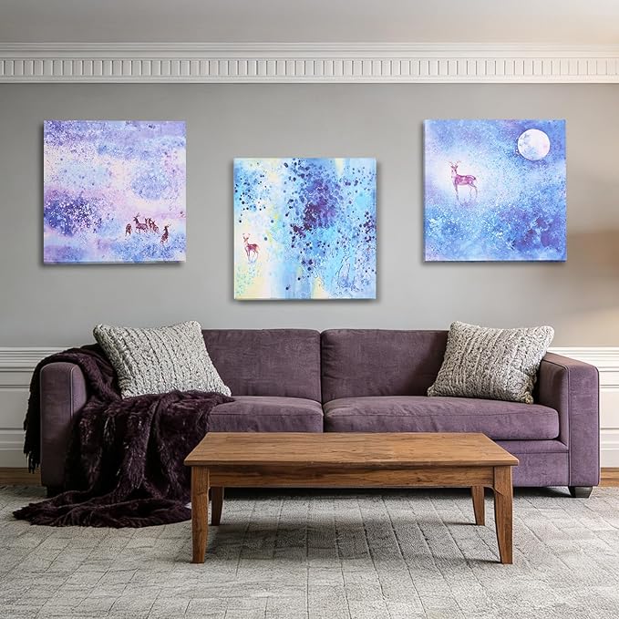 Charouse 3 Pieces Unframed Wall Decor Fusion Modern Boho Wall Art for Living Room Office Bedroom Cafes Hotels Deer Starry Sky Woodlands Pictures Christmas GIft Wall Decor 16 * 16 Inch