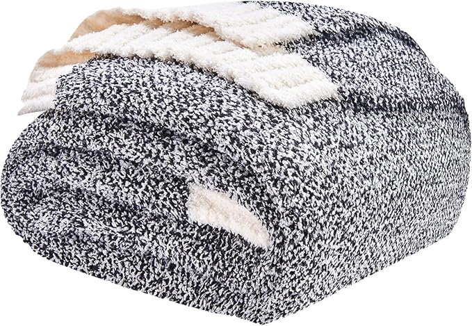 CozeCube Super Soft Fullfy Microfiber Reversible Knitted Blankets, Warm Cozy Fuzzy Plush Throw, Black and White Melange Throw Blanket for Couch Bed Sofa, 60" x 80"