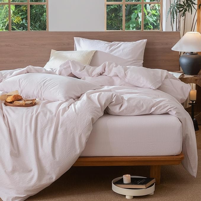 MooMee Striped Duvet Cover Set 100% Washed Cotton Linen Like Textured Breathable Durable Soft Comfy (Heathered Greyish Pink Pinstripes, Oversized Full 82"x86")