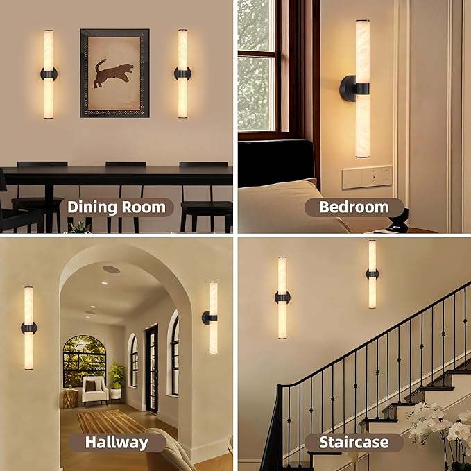 23.8in Alabaster Wall Sconce, Black Sconces with Spanish Marble, Modern Brass Wall Mounted Lamp, Hardwired LED Wall Lighting for Bathroom Bedroom Living Room Staircase Hallway Dining Room