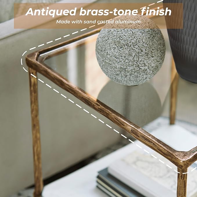 Signature Design by Ashley Ryandale | Contemporary Accent Table – Glass Top, Aluminum Frame & Marble Shelf, Antique Brass Finish