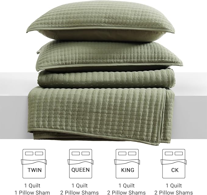 WRENSONGE Queen Quilt-3 Pieces Lightweight Bedspreads Olive Green Queen Size Quilt Bedding Set for All Seasons, Soft Summer Coverlet with 2 Pillow Shams Suitable for Bed & Couch