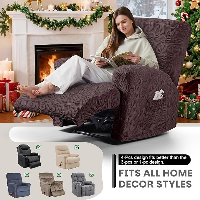 VANSOFY Recliner Chair Covers, 4-Pieces Stretch Recliner Cover Jacquard Soft Reclining Chair Slipcover Furniture Protector with Elastic Bottom for Lazy Boy Recliner(Dark Coffee)