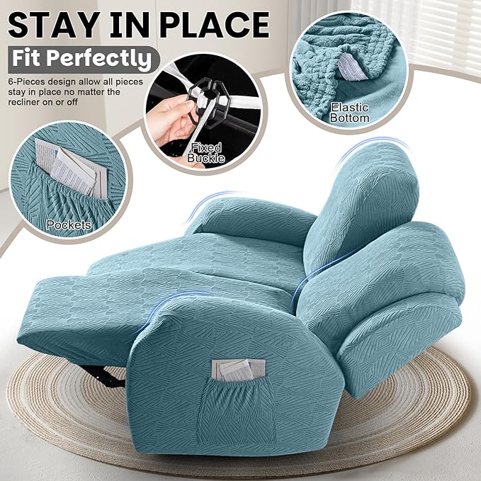 VANSOFY Recliner Loveseat Cover, 6-Pieces Stretch Dual Recliner Sofa Cover Soft Jacquard Reclining Couch Slipcover Furniture Protector with Elastic Bottom for Kid, Pets(2 Seat,Light Blue)