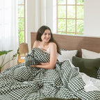 MooMee Gingham Duvet Cover Set 100% Washed Cotton Linen Like Textured Breathable Durable Soft Comfy Modern Checkered Design (Forest Green Gingham, King 104"x90")