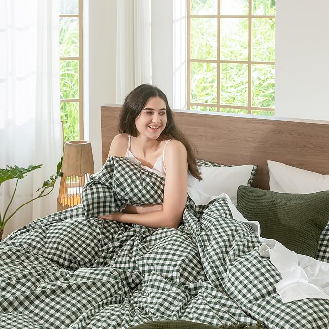 MooMee Gingham Duvet Cover Set 100% Washed Cotton Linen Like Textured Breathable Durable Soft Comfy Modern Checkered Design (Forest Green Gingham, Super Queen 90"x98")