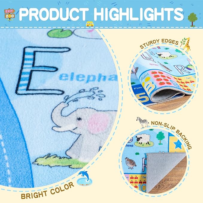Kids Rugs Playmat for Bedroom Kids Room, Educational ABC Rug for Classroom, Non-Slip Washable Playroom Carpet for Boys Girls, Zoo Road Play Mat, 4x5 Blue