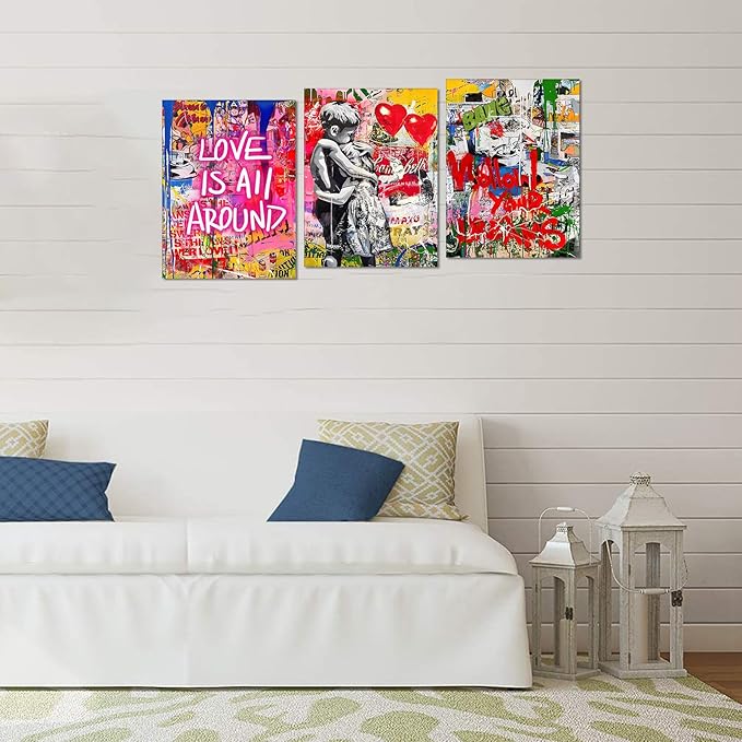 Novatique Banksy Canvas Wall Art Street Wall Art Colorful Graffiti Picture Canvas Print Abstract Modern Graffiti Poster Art for Bedroom Living Room Ready to Hang, 12”x 16”x 3Pcs