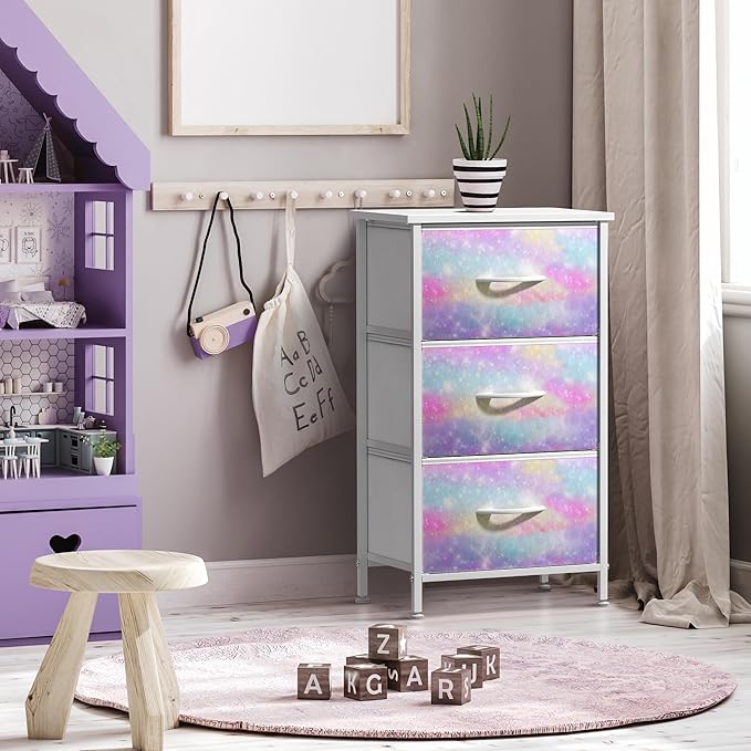 Sorbus Nightstand with 3 Drawers - Bedside Furniture & Accent End Table Chest for Home, Bedroom Accessories, Office, College Dorm, Steel Frame, Wood Top, Pastel Fabric Bins