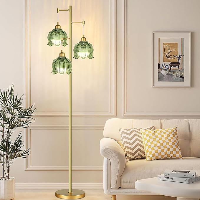 Gold Floor Lamp for Living Room Bedroom,3 Lights Modern Floor Lamps with Unique Green Glass Shades,68IN Mid Century Tall Standing Lamp,Vintage Tree Floor Lamp for Corner Office Reading Bulb Included