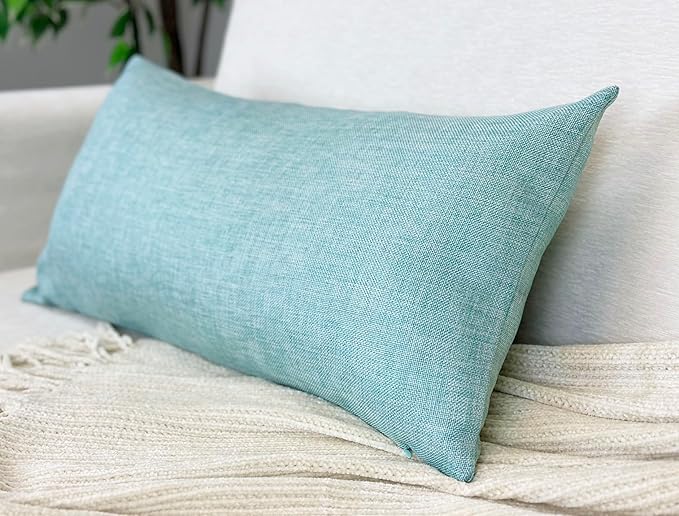 Aiking Home Woven Fine Faux Linen Throw Pillow Cover, Size 12"x24", Aqua