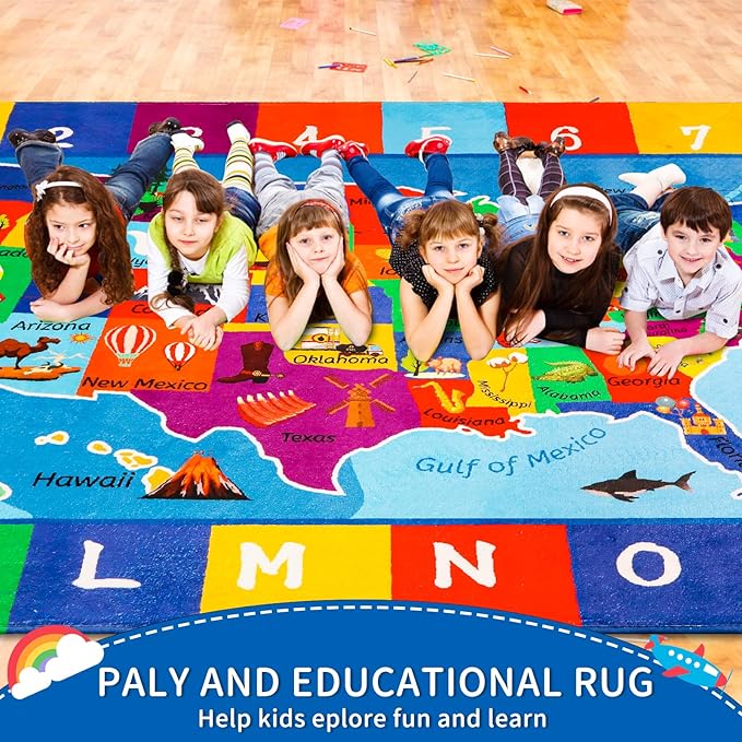 USA Map ABC Kid Rug 39.4" × 63" for Playroom Geography Classroom Rug Educational Baby Playmat Alphabet Mat for Primary School Fluffy Ployester Non-Slip Preschool Carpet for Nursery Room