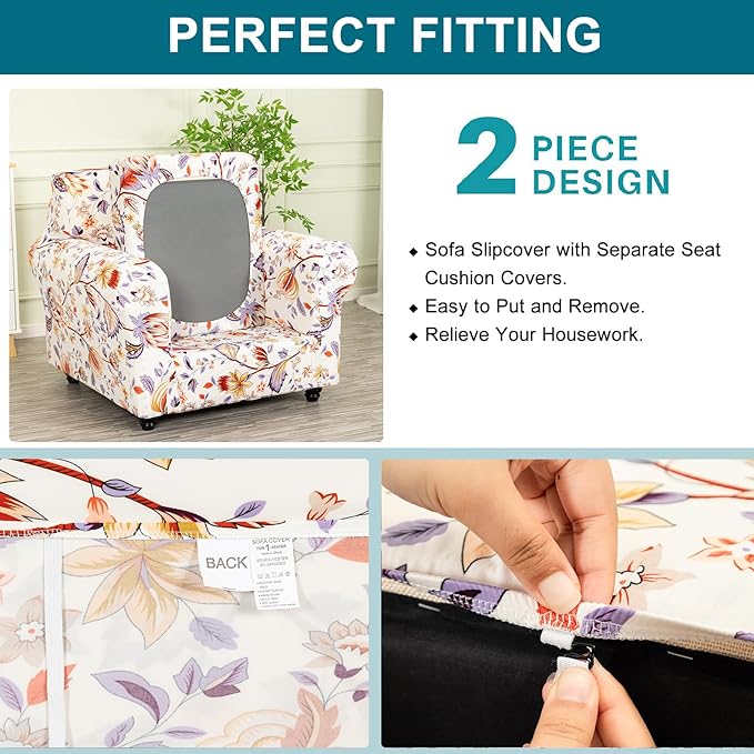 KRFOONN 2 Piece Couch Chair Cover Printed Sofa Covers Couch Covers Stretch Armchair Sofa Couch Slipcovers Furniture Protector with Elastic Bottom for Living Room (Armchair, 53)
