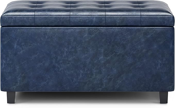 SIMPLIHOME Cosmopolitan Storage Ottoman - 34 inch Wide Upholstered Vegan Leather Rectangle Storage Ottoman Bench in Denim Blue, Transitional Tufted Ottoman for Living Room or Entryway with Lift-Up Lid