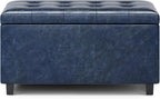 SIMPLIHOME Cosmopolitan Storage Ottoman - 34 inch Wide Upholstered Vegan Leather Rectangle Storage Ottoman Bench in Denim Blue, Transitional Tufted Ottoman for Living Room or Entryway with Lift-Up Lid