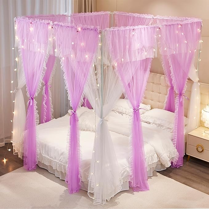 4 Corners Post Princess Curtains Bed Canopy for Girls 8 Panels Curtain- Double Layer Sheer Mesh Canopies Drapes Girls Room Decor (8P-Purple/White, 4P(33"x82") W+4P(43"x82") L/(Queen))