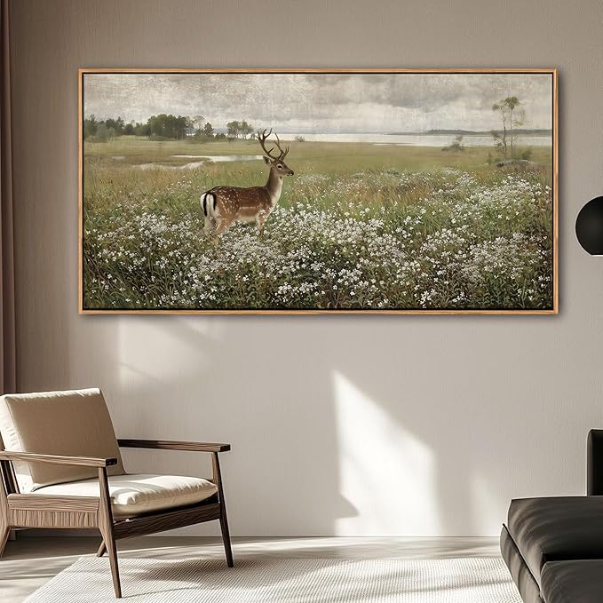 Vintage Wall Art for Living Room Farmhouse Wall Art, Country Wall Decor, Deer Art - Rustic Nature Canvas, Large Landscape Pictures for Bedroom Framed Artwork for Walls 29×58IN