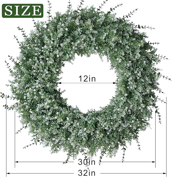 32'' Large Eucalyptus Wreath for Front Door, Porch- Artificial Eucalyptus and Lavender with Babys Breath Flowers Wreath for Home, Farmhouse Wall Decor- Spring, Summer, Fall, All Seasons (White-Green)