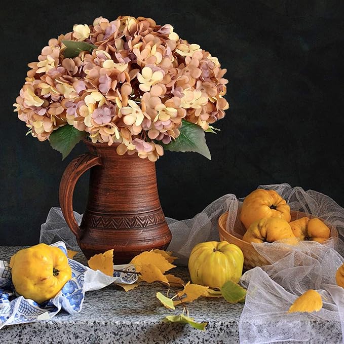 Kimura's Cabin 6Pcs Faux Hydrangea Flowers Vintage Artificial Silk Hydrangeas Flowers with Stems Fake Hydrangea Bouquets for Autumn Farmhouse Home Wedding Table Center Decoration（Autumn Yellow