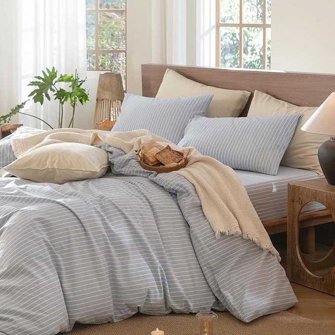 MooMee Striped Duvet Cover Set 100% Washed Cotton Linen Like Textured Breathable Durable Soft Comfy (Cornflower Blue White Wide Stripes, King 104"x90")