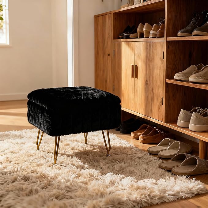 ACEQLYT® Small Foot Stool Ottoman with Storage, Foot Rest for Couch and Chair, Black Faux Fur Storage Ottoman with Gold Metal Legs and Padded Seat