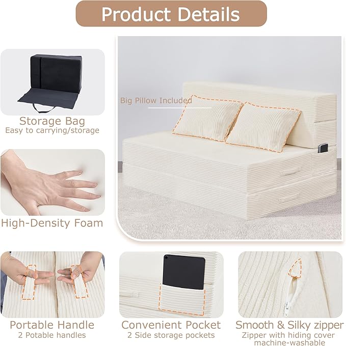 Folding Sofa Bed, 4 in 1 Convertible Sleeper Chair with Pillow, Twin Memory Foam Fold Out Chair Bed, Modern Floor Futon Sofa Couch Mattress for Living Room/Guest/Apartment, Beige