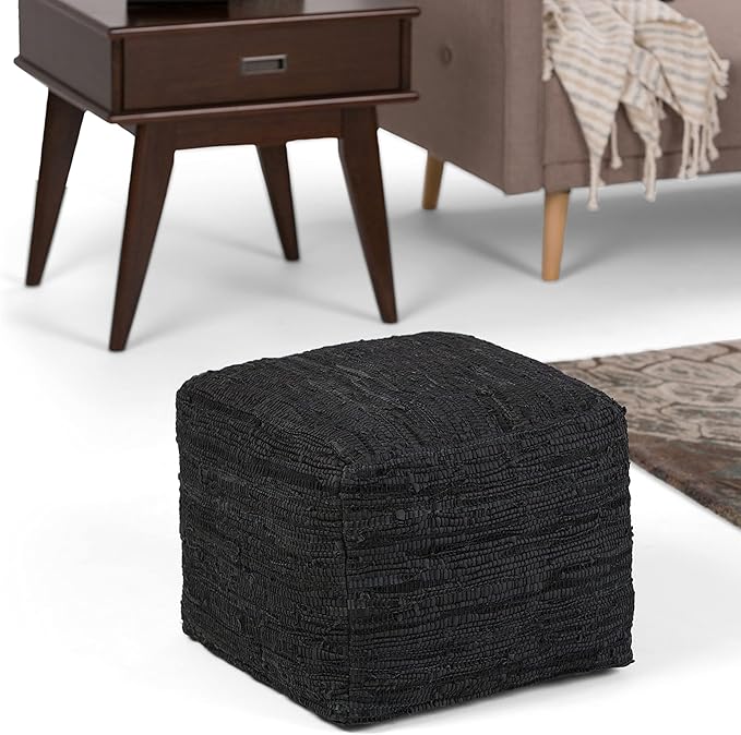 SIMPLIHOME Fredrik Square Pouf - 18 inch Wide Genuine Woven Leather Ottoman in Black, Boho-Style Footstool or Extra Seating for Living Room or Bedroom with Polystyrene Bead Filling, Assembled