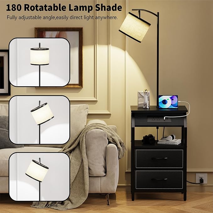 End Table with Floor Lamp, Nightstand with Charging Station, Floor Lamp Table with 3-Color Temperature Bulb, Bedside Table Night Stand with 2 Drawers for Bedroom, Living Room, Black