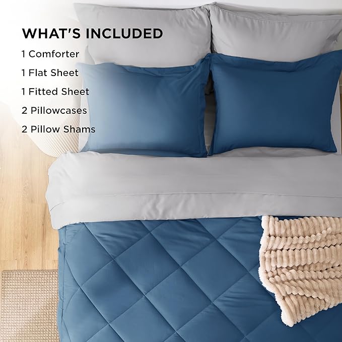 Bedsure Full Size Comforter Set - 7 Pieces Reversible Slate Blue Bedding, Full Size Bed Set for All Seasons, Bed in a Bag with Down Alternative Comforter, Sheets, Pillowcases & Shams