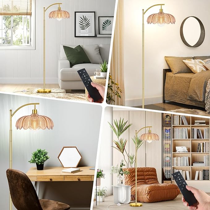 Gold Floor Lamp for Living Room with Remote,Unique Vintage Standing Tall Lamp,Mid Century Modern Floor Lamps Arc Glass Floor Lamps for Office Corner