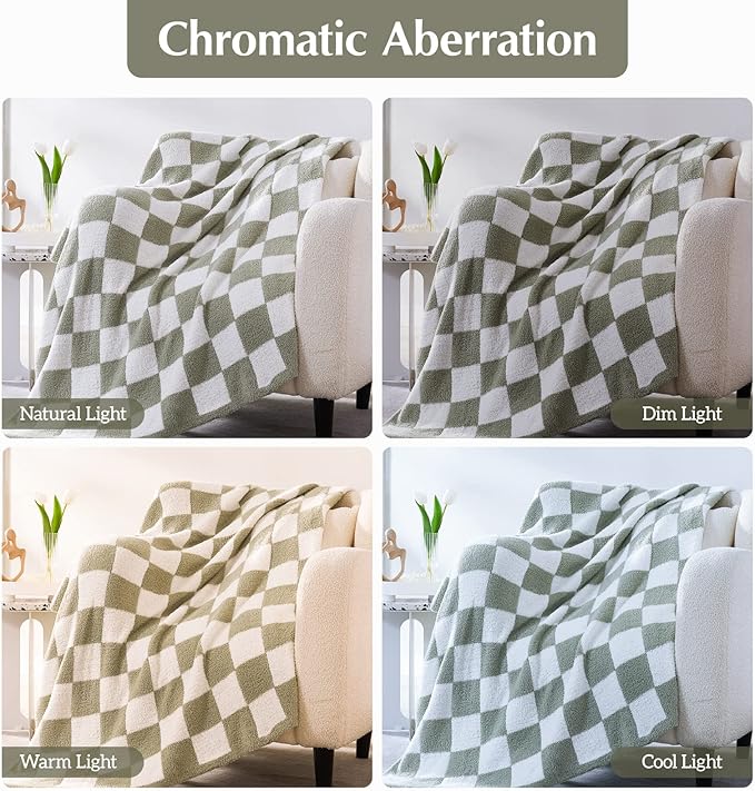 WRENSONGE Checkered Throw Blanket, Sage Green Soft Cozy Fluffy Warm Hand Made Throw Blankets for Couch, Sofa, Chair, Bed, Camping, Picnic, Travel Lightweight Bed Blanket - 90"*108"
