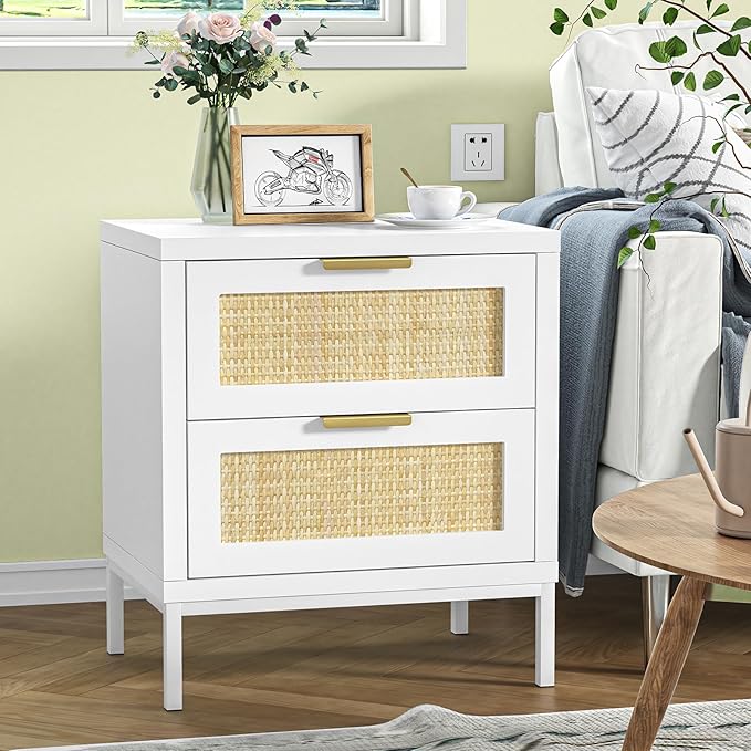 Giluta White nightstands Set of 2, Farmhouse Rattan Night Stand with 2 Drawers, 2 Rattan Drawers, Boho Bedside Table End Table for Small Space, Bedroom