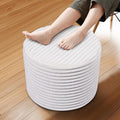 Round Stuffed Pouf Ottoman with Foam Chunk Filling, Coral Fleece and Furry Fabric Design, Multi-Functional Floor Pouf for Living Room, Wide Stripes White
